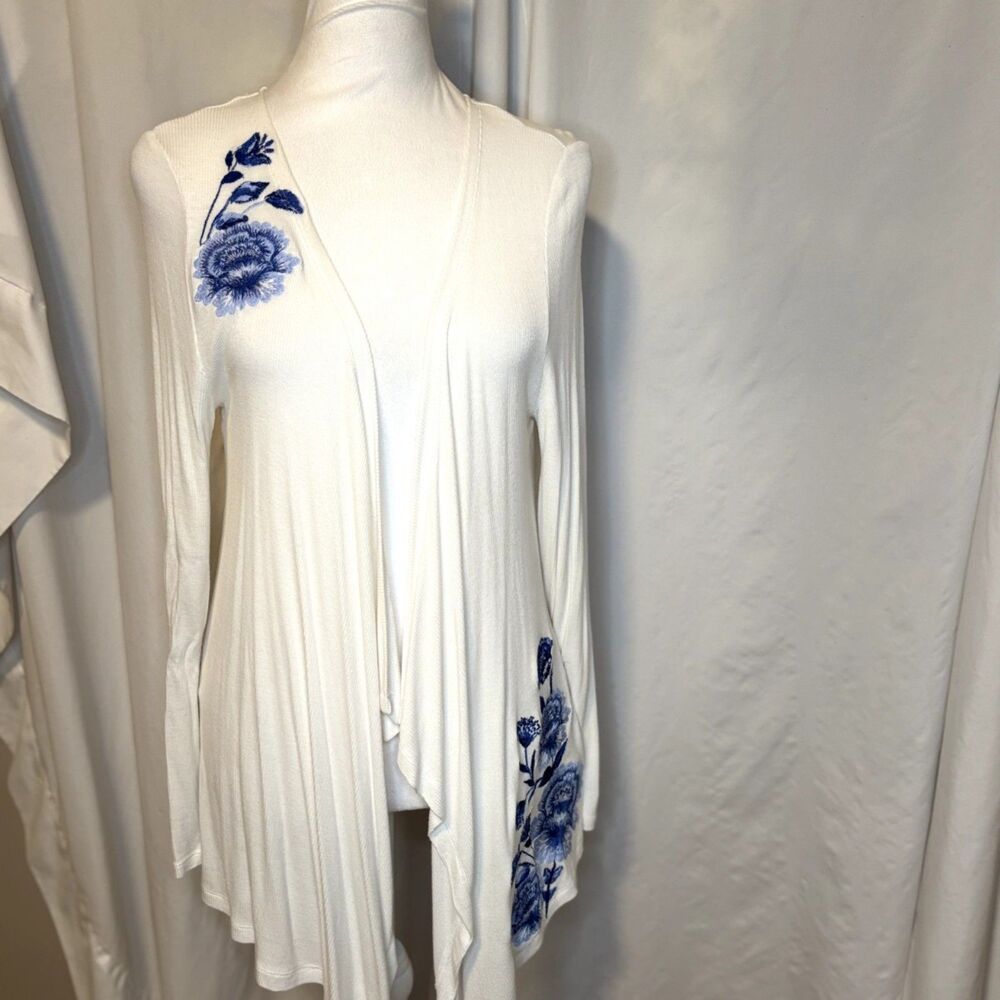 INC International Concepts Cardigan Floral Embroidered Draped White Blue Womens - Picture 2 of 7